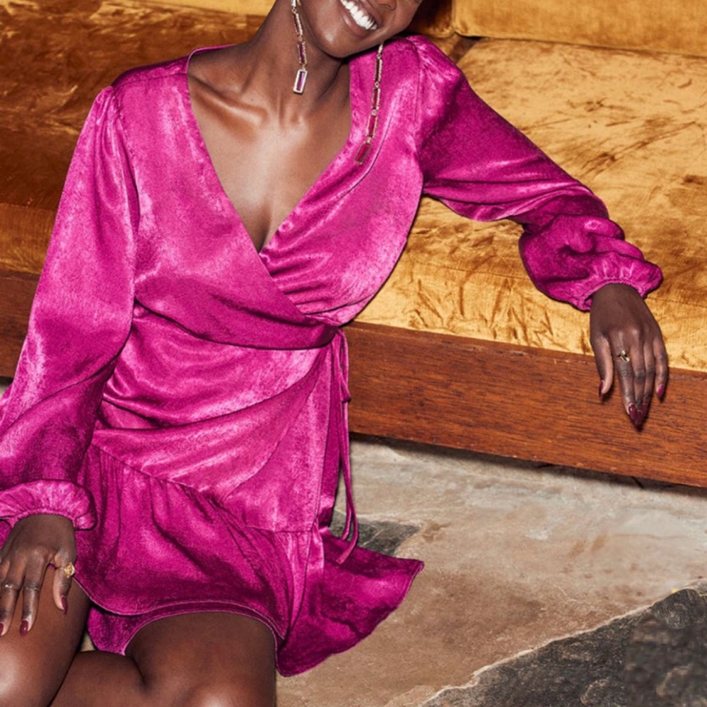 Fuchsia/Magenta Satin Long Sleeve Wrap Dress